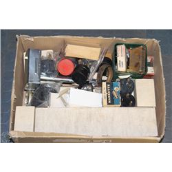 BOX OF MISC ELECTRICAL & NEW THERMOSTATS