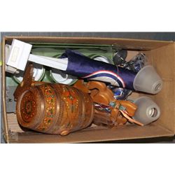 BOX OF MISC ITEMS INCLUDES A WINE DECANTER