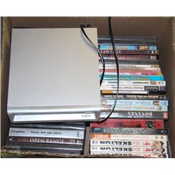 BOX OF DVDS AND DVD PLAYER