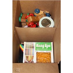 BOX WITH VINTAGE WOODEN TOY CARS, MONOGRAMMED