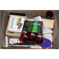 BOX WITH ASSORTED COLLECTIBLES INCL. RED PLASTIC