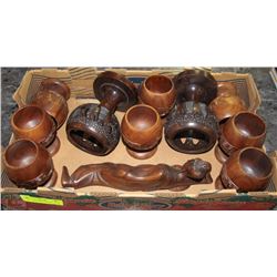 BOX WITH WOOD GOBLETS + LADY FIGURE