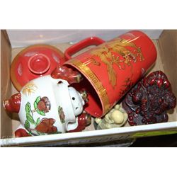 BOX OF ASIAN COLLECTABLES INCLUDING FENGSHUI MONEY