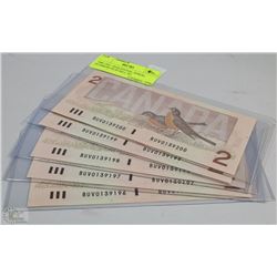 1986 UNC. SEQUENTIAL SERIAL NUMBERS $2.00 BILL X5