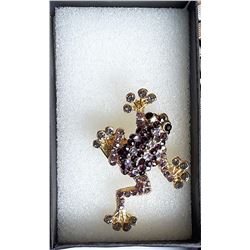 GOLD TONE & PURPLE CRYSTAL FROG BROOCH