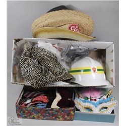 BOX WITH MANY STYLES HATS, CAPS , MASKS & BOWTIES