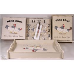WOOD HENS TRAY , KEY HOLDER , BOX , CLOCK SET