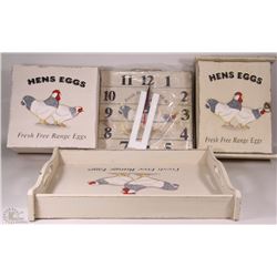 WOOD HENS TRAY, KEY HOLDER , BOX , CLOCK SET