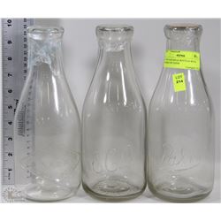 3 VINTAGE MILK BOTTLES WITH NAMES ON THEM