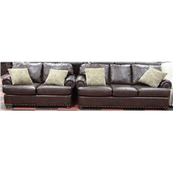 NEW BROWN LEATHERETTE NAILHEAD SOFA AND LOVESEAT