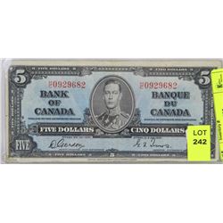 1937 CANADIAN FIVE DOLLAR BILL $5