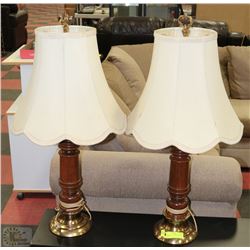 PAIR OF WOOD & BRASS TRI-LIGHT LAMPS