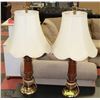 Image 1 : PAIR OF WOOD & BRASS TRI-LIGHT LAMPS