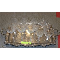 SILVER PLATED TRAY W/ 13 PINWHEEL CRYSTAL GLASSES