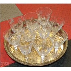 SILVER PLATED TRAY W/ 10 PINWHEEL CRYSTAL GLASSES