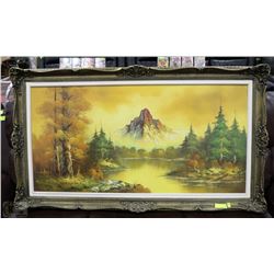 LARGE FRAMED OIL ON CANVAS- RIVER AND MOUNTAIN