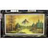 Image 1 : LARGE FRAMED OIL ON CANVAS- RIVER AND MOUNTAIN