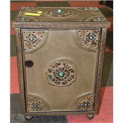 METAL AND LEATHER CUPBOARD WITH TURQUOISE ACCENTS