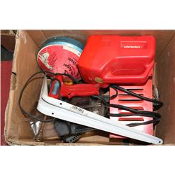 BOX WITH ASSORTED SHOP MISC, INCL CHARGER