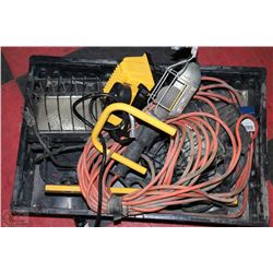 BOX OF COMMERCIAL LIGHTING, EXTENSION CORDS,