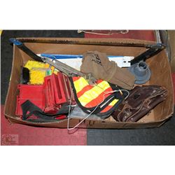 BOX WITH HANDSAW ,DRILLBITS,TOOLS,POUCHES,