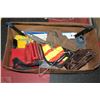 Image 1 : BOX WITH HANDSAW ,DRILLBITS,TOOLS,POUCHES,