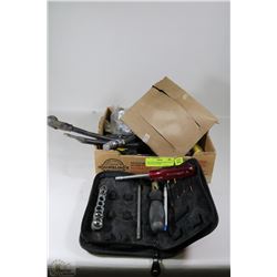 BOX WITH ASSORTED HAND TOOLS AND GARAGE ITEMS