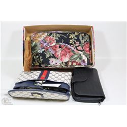 BOX WITH ASSORTED WALLETS , MAKEUP POUCHES