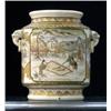 Image 1 : A Japanese Satsuma vase, late 19th Century, of footed cylindrical form, painted with two square p...
