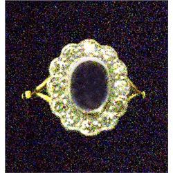 An Edwardian style oval cluster ring, set with a centre blue sapphire surrounded by brilliant cut...