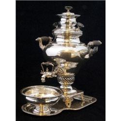 A Russian style coffee urn, dish and stand, circa 1900, of swollen baluster form with scrolling h...