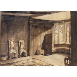 20th Century English School. An interior scene of the dining room at Haddon Hall, watercolour, 25...