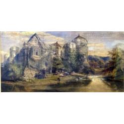 John E Buckley. Ingleton Hall with charcters in Tudor costume, watercolour with highlights, signe...