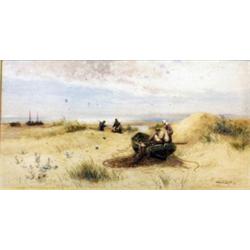 Stuart Lloyd. A Beach scene with fisherfolk at their boats in the Dunes, watercolour, signed and...