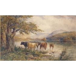 Squire Howard. A view across Lake Windermere with cattle, watercolour, signed lower right, 27cm x...