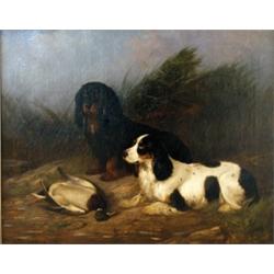 Colin Graeme. Two water spaniels seated on a river bank with a duck at their feet, oil on canvas,...