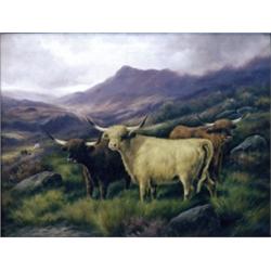 P. Graham. A group of highland cattle in a mountainous landscape, oil on canvas, signed and dated...
