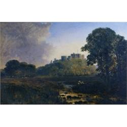 19th Century English School. A view of Dunster Castle at sunset, oil on canvas, 40cm x 60cm, 15[3...