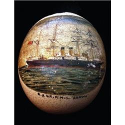 A painted Ostrich egg, late 19th Century, painted to one side with a portrait of S.S. & RMS "Aeaw...