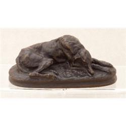 P J Mene. A figure of a recumbant Borzoi, on an oval base, patinated bronze, signed rear right, l...