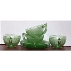 Lot Green Glass Cups and Saucers