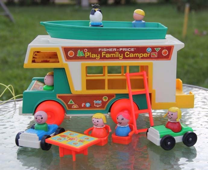 Vintage Fisher Price Camper and Boat, some wooden people Bodnarus