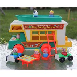 Vintage Fisher Price Camper and Boat, some wooden people