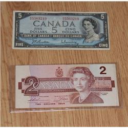 1986 $2 bill and 1954 $5