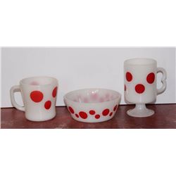 Lot Red Dot Milk Glass
