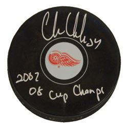 Chris Chelios Signed Detroit Red Wings Hockey Puck Dual 2002 - 08 Cup Champs