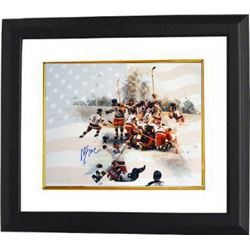 Mike Eruzione Signed 1980 Team USA Olympic Hockey 8X10 Photo Custom Framed Team W/ Flag Miracle On I
