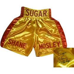 Sugar Shane Mosley Signed Gold Satin Boxing Trunks W/ Red Trim (Leaf)