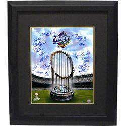 New York Yankees Signed 16X20 Photo Custom Framed 1998 World Series Champions Logo And Trophy 18 Sig