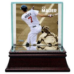 Joe Mauer Swinging Background Glass Single Baseball W/ Authentic Target Field Dirt